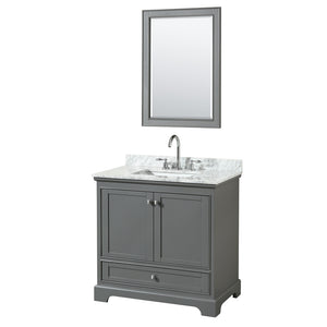 Deborah 36 Inch Single Bathroom Vanity in Dark Gray White Carrara Marble Countertop Undermount Square Sink and 24 Inch Mirror