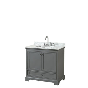 Deborah 36 Inch Single Bathroom Vanity in Dark Gray White Carrara Marble Countertop Undermount Square Sink and No Mirror