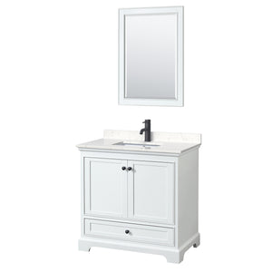 Deborah 36 Inch Single Bathroom Vanity in White Carrara Cultured Marble Countertop Undermount Square Sink Matte Black Trim 24 Inch Mirror