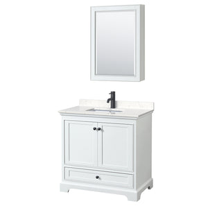 Deborah 36 Inch Single Bathroom Vanity in White Carrara Cultured Marble Countertop Undermount Square Sink Matte Black Trim Medicine Cabinet