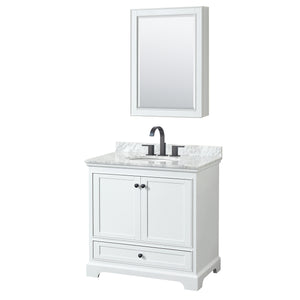 Deborah 36 Inch Single Bathroom Vanity in White White Carrara Marble Countertop Undermount Oval Sink Matte Black Trim Medicine Cabinet
