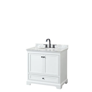 Deborah 36 Inch Single Bathroom Vanity in White White Carrara Marble Countertop Undermount Oval Sink Matte Black Trim