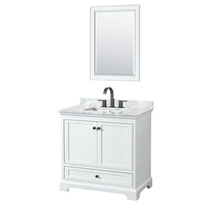 Deborah 36 Inch Single Bathroom Vanity in White White Carrara Marble Countertop Undermount Square Sink Matte Black Trim 24 Inch Mirror