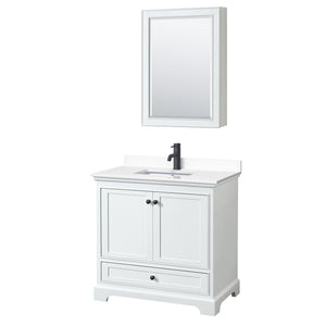 Deborah 36 Inch Single Bathroom Vanity in White White Cultured Marble Countertop Undermount Square Sink Matte Black Trim Medicine Cabinet