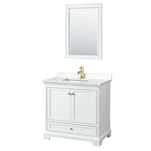 Deborah 36 Inch Single Bathroom Vanity in White Carrara Cultured Marble Countertop Undermount Square Sink Brushed Gold Trim 24 Inch Mirror