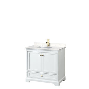Deborah 36 Inch Single Bathroom Vanity in White Carrara Cultured Marble Countertop Undermount Square Sink Brushed Gold Trim No Mirror
