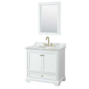 Deborah 36 Inch Single Bathroom Vanity in White White Carrara Marble Countertop Undermount Oval Sink Brushed Gold Trim 24 Inch Mirror
