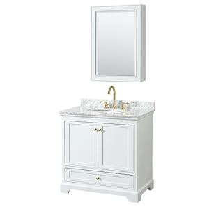 Deborah 36 Inch Single Bathroom Vanity in White White Carrara Marble Countertop Undermount Oval Sink Brushed Gold Trim Medicine Cabinet