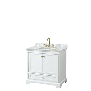 Deborah 36 Inch Single Bathroom Vanity in White White Carrara Marble Countertop Undermount Oval Sink Brushed Gold Trim No Mirror