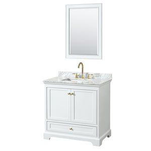 Deborah 36 Inch Single Bathroom Vanity in White White Carrara Marble Countertop Undermount Square Sink Brushed Gold Trim 24 Inch Mirror