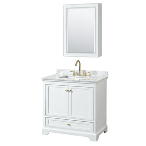 Deborah 36 Inch Single Bathroom Vanity in White White Carrara Marble Countertop Undermount Square Sink Brushed Gold Trim Medicine Cabinet