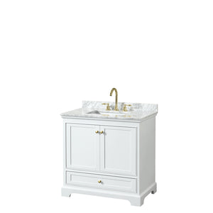Deborah 36 Inch Single Bathroom Vanity in White White Carrara Marble Countertop Undermount Square Sink Brushed Gold Trim No Mirror