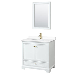Deborah 36 Inch Single Bathroom Vanity in White White Cultured Marble Countertop Undermount Square Sink Brushed Gold Trim 24 Inch Mirror