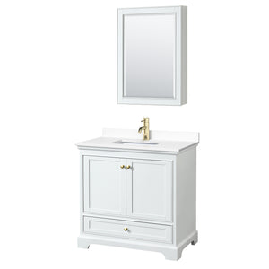 Deborah 36 Inch Single Bathroom Vanity in White White Cultured Marble Countertop Undermount Square Sink Brushed Gold Trim Medicine Cabinet