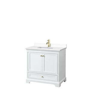Deborah 36 Inch Single Bathroom Vanity in White White Cultured Marble Countertop Undermount Square Sink Brushed Gold Trim No Mirror