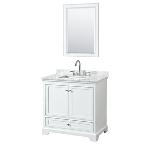 Deborah 36 Inch Single Bathroom Vanity in White White Carrara Marble Countertop Undermount Square Sink and 24 Inch Mirror