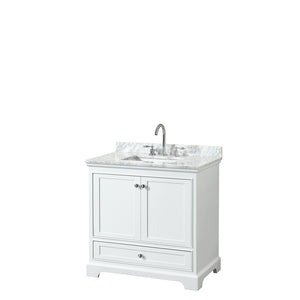 Deborah 36 Inch Single Bathroom Vanity in White White Carrara Marble Countertop Undermount Square Sink and No Mirror