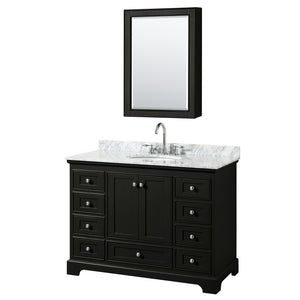 Deborah 48 Inch Single Bathroom Vanity in Dark Espresso White Carrara Marble Countertop Undermount Oval Sink and Medicine Cabinet