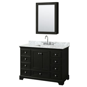 Deborah 48 Inch Single Bathroom Vanity in Dark Espresso White Carrara Marble Countertop Undermount Square Sink and Medicine Cabinet