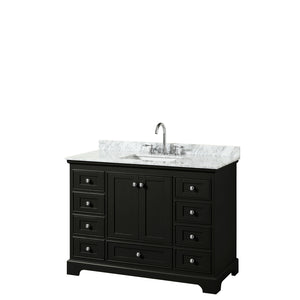 Deborah 48 Inch Single Bathroom Vanity in Dark Espresso White Carrara Marble Countertop Undermount Square Sink and No Mirror