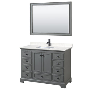 Deborah 48 Inch Single Bathroom Vanity in Dark Gray Carrara Cultured Marble Countertop Undermount Square Sink Matte Black Trim 46 Inch Mirror