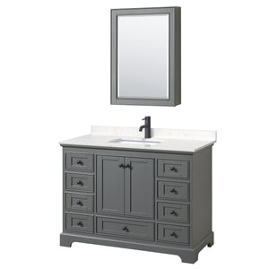 Deborah 48 Inch Single Bathroom Vanity in Dark Gray Carrara Cultured Marble Countertop Undermount Square Sink Matte Black Trim Medicine Cabinet