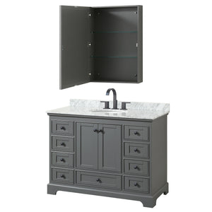 Deborah 48 Inch Single Bathroom Vanity in Dark Gray White Carrara Marble Countertop Undermount Oval Sink Matte Black Trim Medicine Cabinet