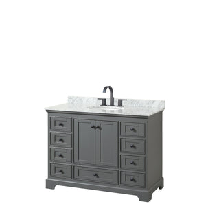 Deborah 48 Inch Single Bathroom Vanity in Dark Gray White Carrara Marble Countertop Undermount Oval Sink Matte Black Trim