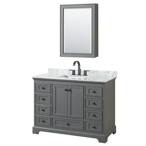 Deborah 48 Inch Single Bathroom Vanity in Dark Gray White Carrara Marble Countertop Undermount Square Sink Matte Black Trim Medicine Cabinet