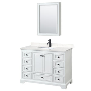 Deborah 48 Inch Single Bathroom Vanity in White Carrara Cultured Marble Countertop Undermount Square Sink Matte Black Trim Medicine Cabinet