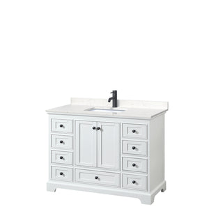 Deborah 48 Inch Single Bathroom Vanity in White Carrara Cultured Marble Countertop Undermount Square Sink Matte Black Trim