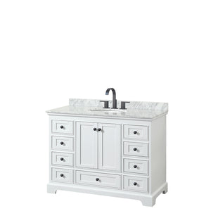 Deborah 48 Inch Single Bathroom Vanity in White White Carrara Marble Countertop Undermount Oval Sink Matte Black Trim