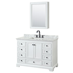 Deborah 48 Inch Single Bathroom Vanity in White White Carrara Marble Countertop Undermount Square Sink Matte Black Trim Medicine Cabinet