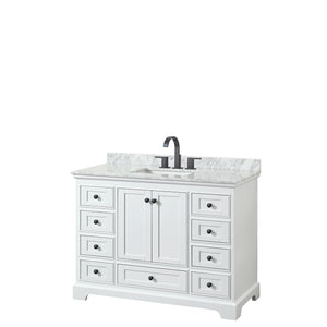Deborah 48 Inch Single Bathroom Vanity in White White Carrara Marble Countertop Undermount Square Sink Matte Black Trim