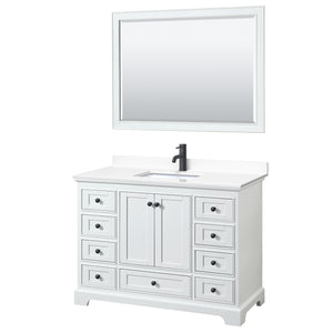 Deborah 48 Inch Single Bathroom Vanity in White White Cultured Marble Countertop Undermount Square Sink Matte Black Trim 46 Inch Mirror