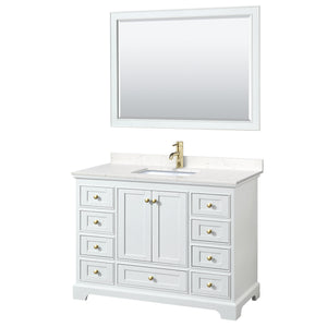 Deborah 48 Inch Single Bathroom Vanity in White Carrara Cultured Marble Countertop Undermount Square Sink Brushed Gold Trim 46 Inch Mirror