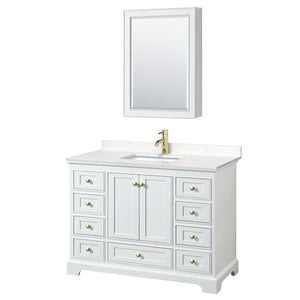 Deborah 48 Inch Single Bathroom Vanity in White Carrara Cultured Marble Countertop Undermount Square Sink Brushed Gold Trim Medicine Cabinet
