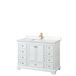 Deborah 48 Inch Single Bathroom Vanity in White Carrara Cultured Marble Countertop Undermount Square Sink Brushed Gold Trim No Mirror
