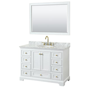 Deborah 48 Inch Single Bathroom Vanity in White White Carrara Marble Countertop Undermount Oval Sink Brushed Gold Trim 46 Inch Mirror