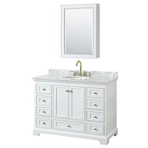 Deborah 48 Inch Single Bathroom Vanity in White White Carrara Marble Countertop Undermount Oval Sink Brushed Gold Trim Medicine Cabinet