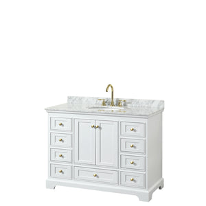Deborah 48 Inch Single Bathroom Vanity in White White Carrara Marble Countertop Undermount Oval Sink Brushed Gold Trim No Mirror