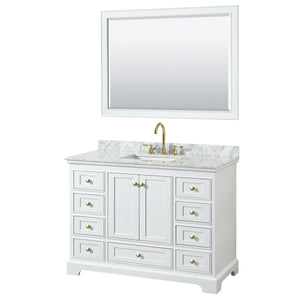 Deborah 48 Inch Single Bathroom Vanity in White White Carrara Marble Countertop Undermount Square Sink Brushed Gold Trim 46 Inch Mirror