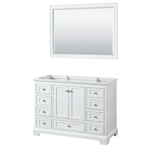 Deborah 48 Inch Single Bathroom Vanity in White No Countertop No Sink Brushed Gold Trim 46 Inch Mirror