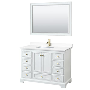 Deborah 48 Inch Single Bathroom Vanity in White White Cultured Marble Countertop Undermount Square Sink Brushed Gold Trim 46 Inch Mirror