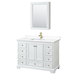 Deborah 48 Inch Single Bathroom Vanity in White White Cultured Marble Countertop Undermount Square Sink Brushed Gold Trim Medicine Cabinet