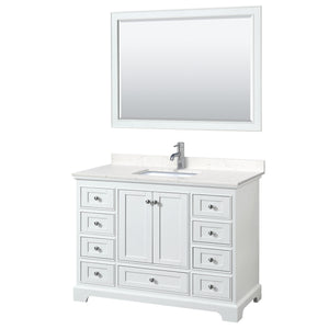 Deborah 48 Inch Single Bathroom Vanity in White Carrara Cultured Marble Countertop Undermount Square Sink 46 Inch Mirror