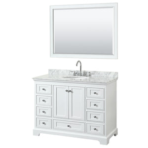 Deborah 48 Inch Single Bathroom Vanity in White White Carrara Marble Countertop Undermount Oval Sink and 46 Inch Mirror