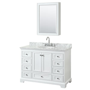 Deborah 48 Inch Single Bathroom Vanity in White White Carrara Marble Countertop Undermount Oval Sink and Medicine Cabinet