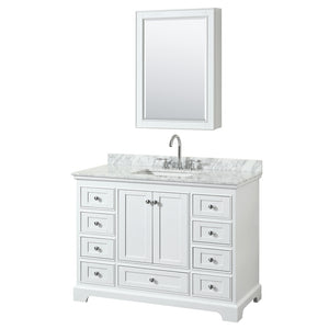 Deborah 48 Inch Single Bathroom Vanity in White White Carrara Marble Countertop Undermount Square Sink and Medicine Cabinet
