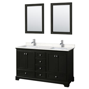 Deborah 60 Inch Double Bathroom Vanity in Dark Espresso Carrara Cultured Marble Countertop Undermount Square Sinks 24 Inch Mirrors